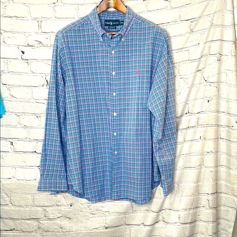 Ralph Lauren Classic Fit Blue Plaid Long Sleeve Button Down Shirt Size XX-Large